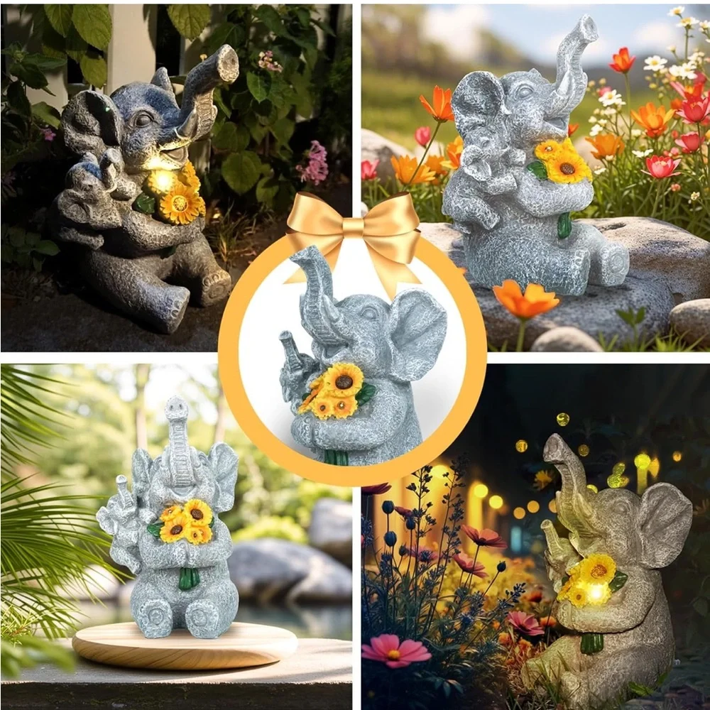 Elephant and Sunflower Figurine with Lights, Outdoor Decorations for Yard, patio